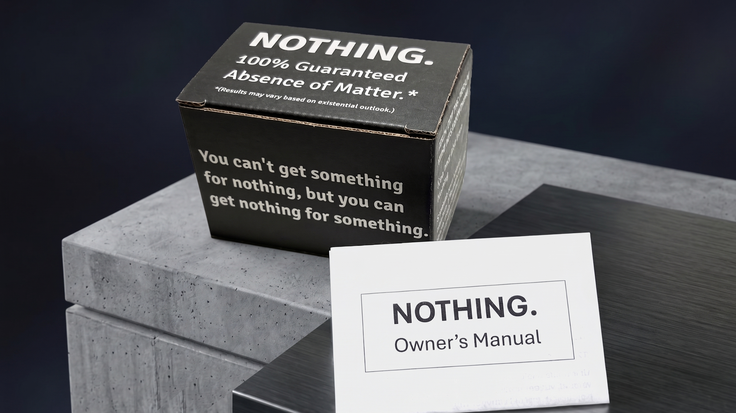 The NOTHING. box, matte charcoal with white printing, next to a folded Owner's Manual.